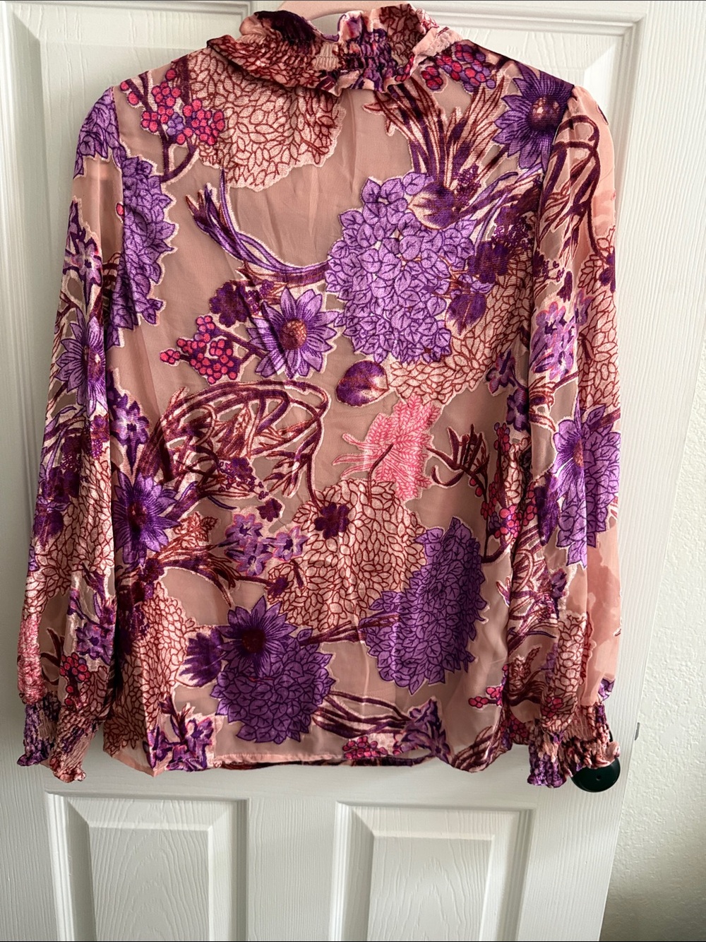 Ivy Jane Pink and Purple Floral Velvet/polyester Ruffled Mock-Neck Blouse - Picture 4 of 4